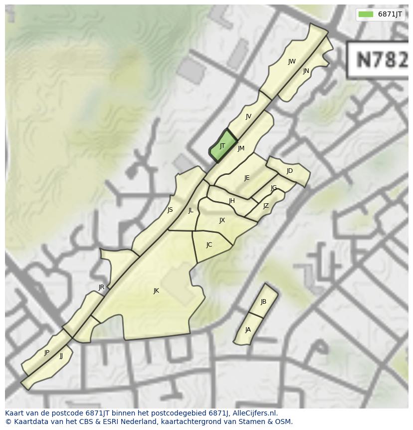 Afbeelding van het postcodegebied 6871 JT op de kaart.
