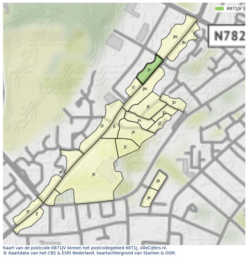 Afbeelding van het postcodegebied 6871 JV op de kaart.