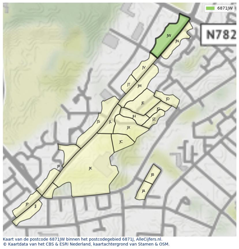 Afbeelding van het postcodegebied 6871 JW op de kaart.