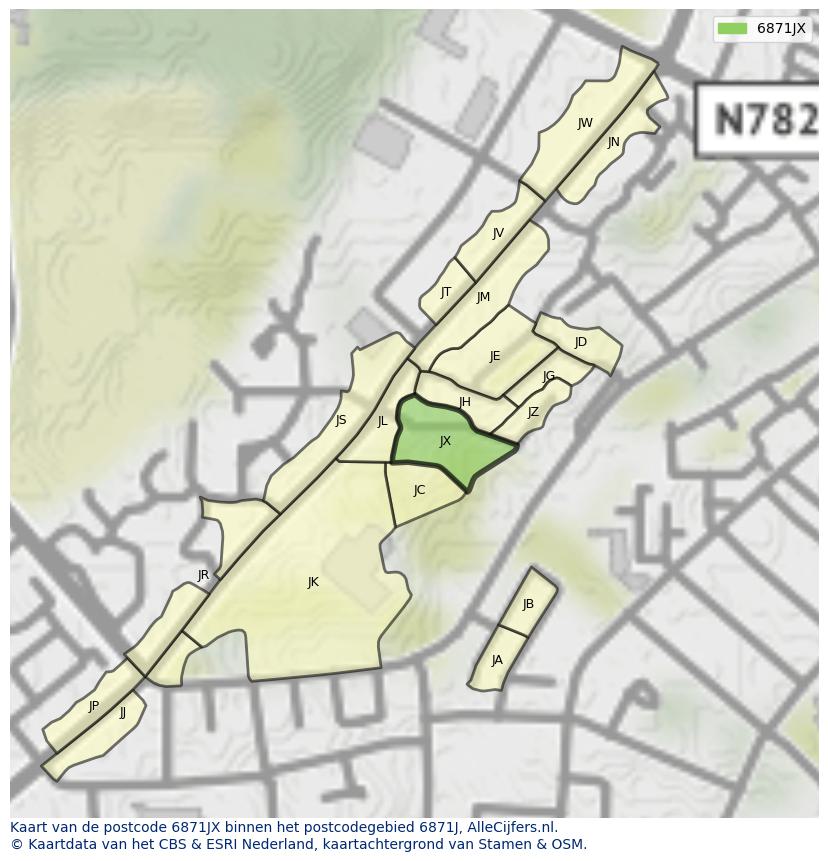 Afbeelding van het postcodegebied 6871 JX op de kaart.
