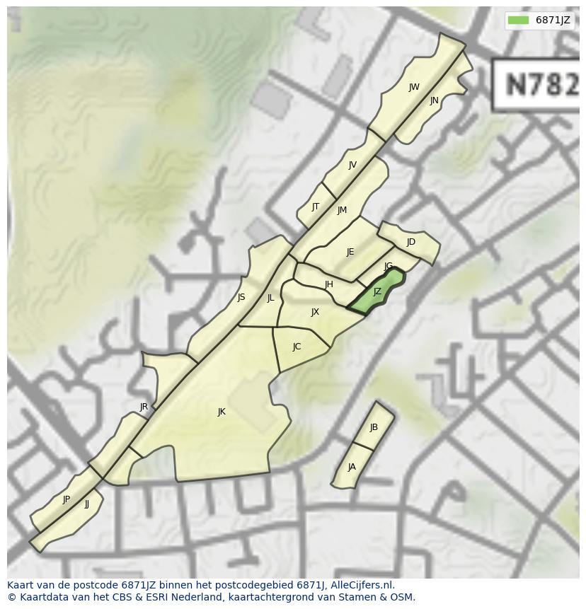 Afbeelding van het postcodegebied 6871 JZ op de kaart.