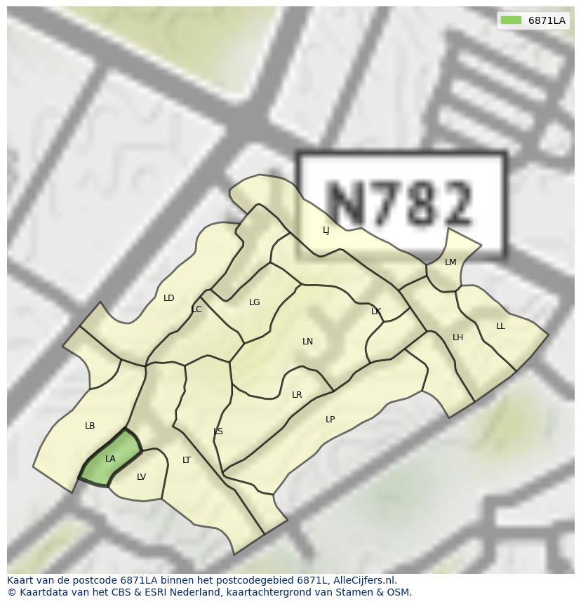 Afbeelding van het postcodegebied 6871 LA op de kaart.
