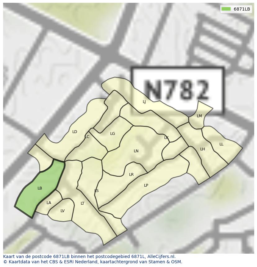 Afbeelding van het postcodegebied 6871 LB op de kaart.