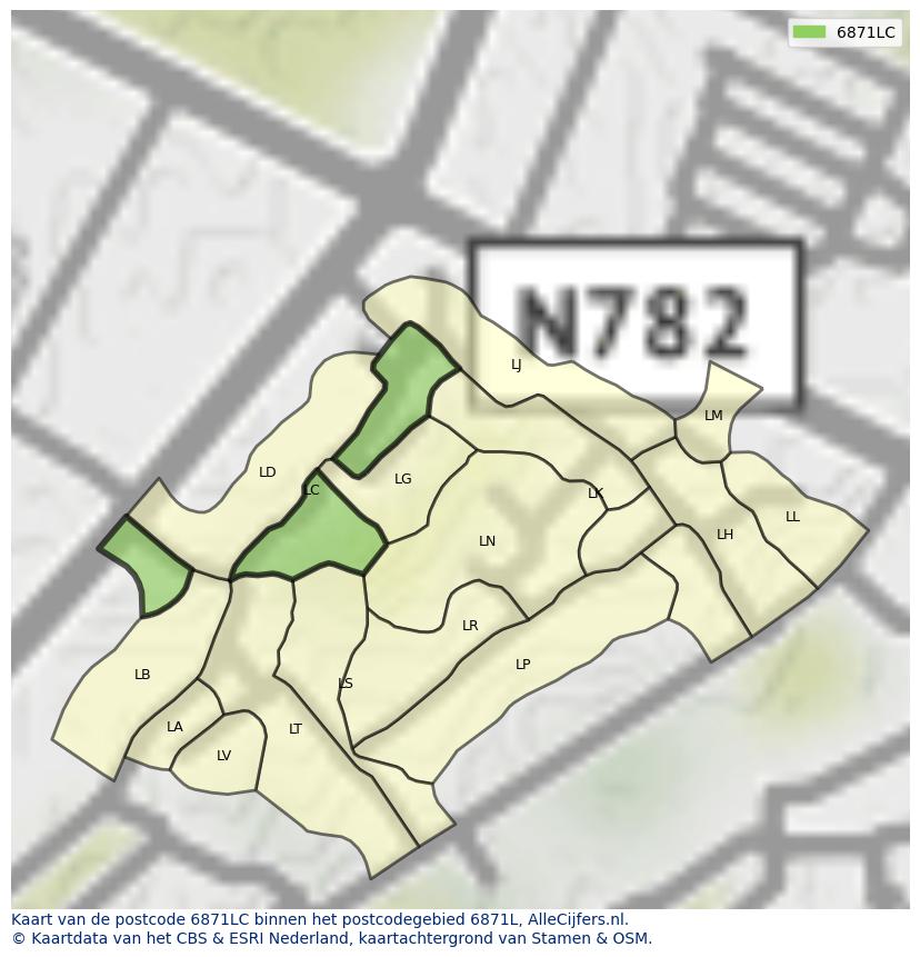 Afbeelding van het postcodegebied 6871 LC op de kaart.