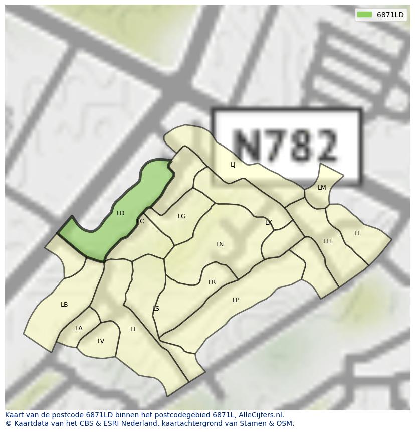Afbeelding van het postcodegebied 6871 LD op de kaart.