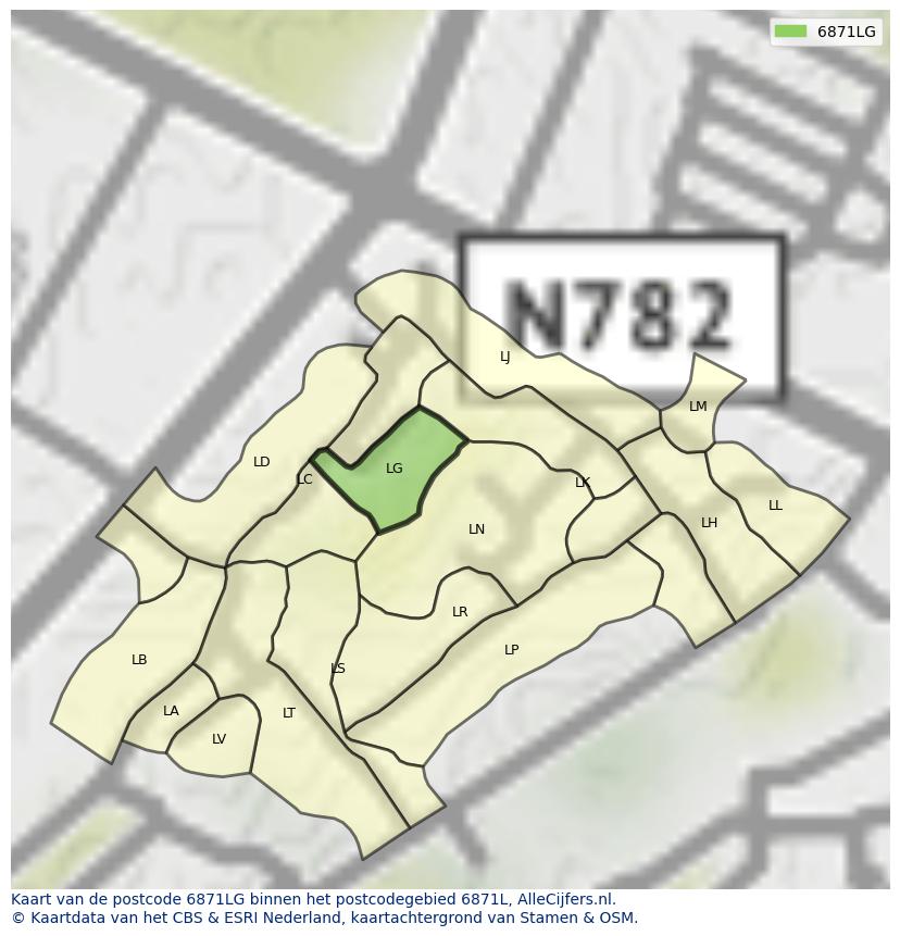 Afbeelding van het postcodegebied 6871 LG op de kaart.
