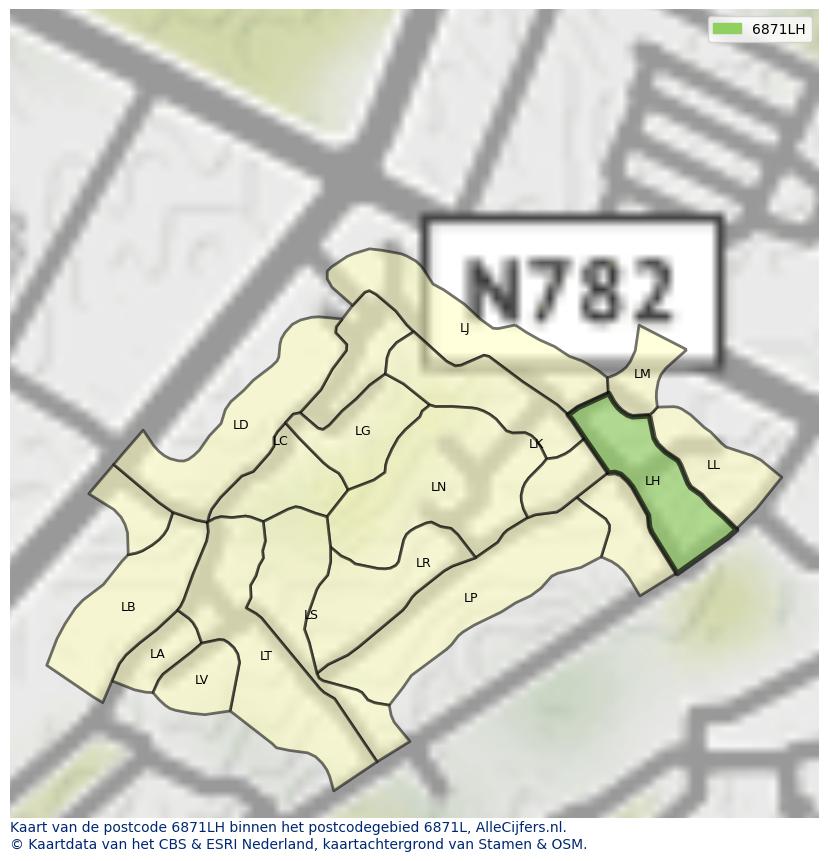 Afbeelding van het postcodegebied 6871 LH op de kaart.