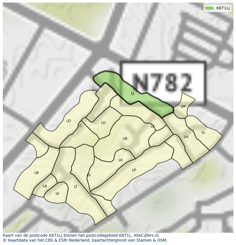Afbeelding van het postcodegebied 6871 LJ op de kaart.