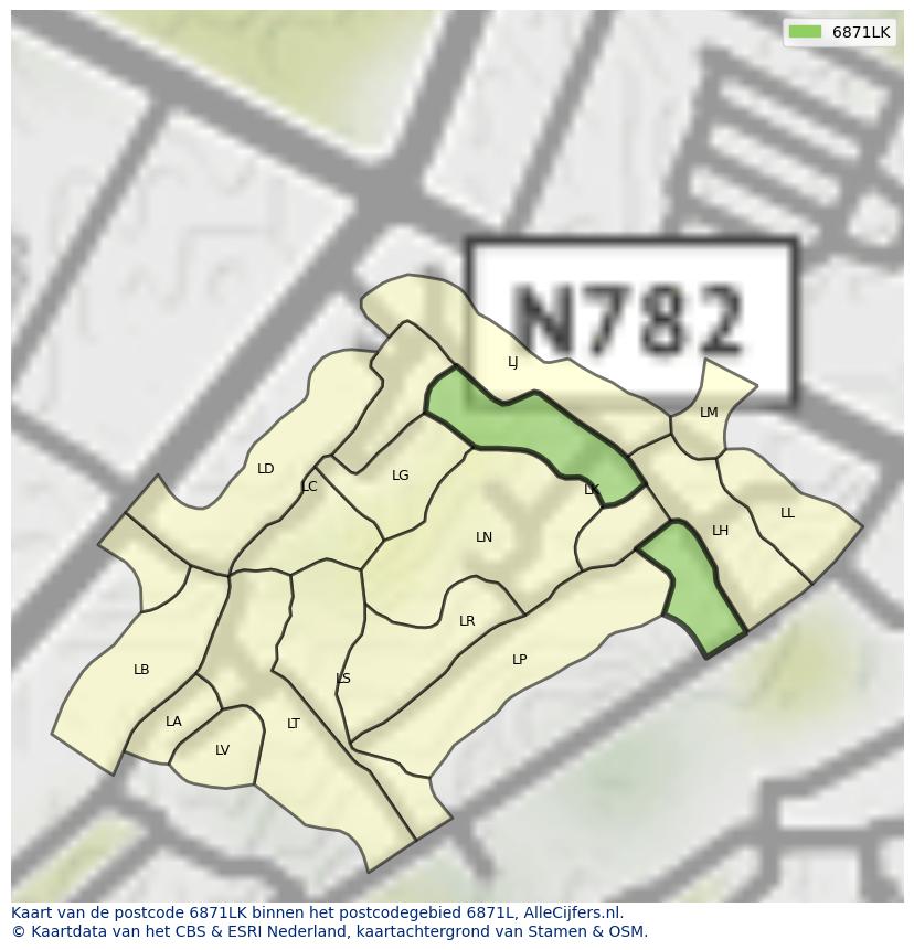 Afbeelding van het postcodegebied 6871 LK op de kaart.
