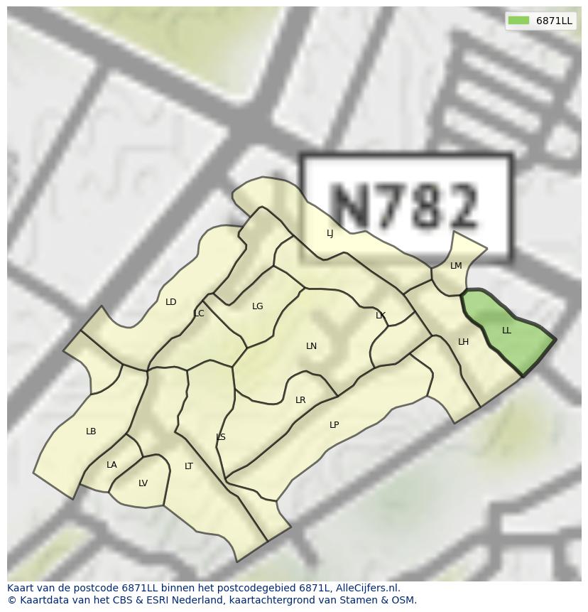 Afbeelding van het postcodegebied 6871 LL op de kaart.