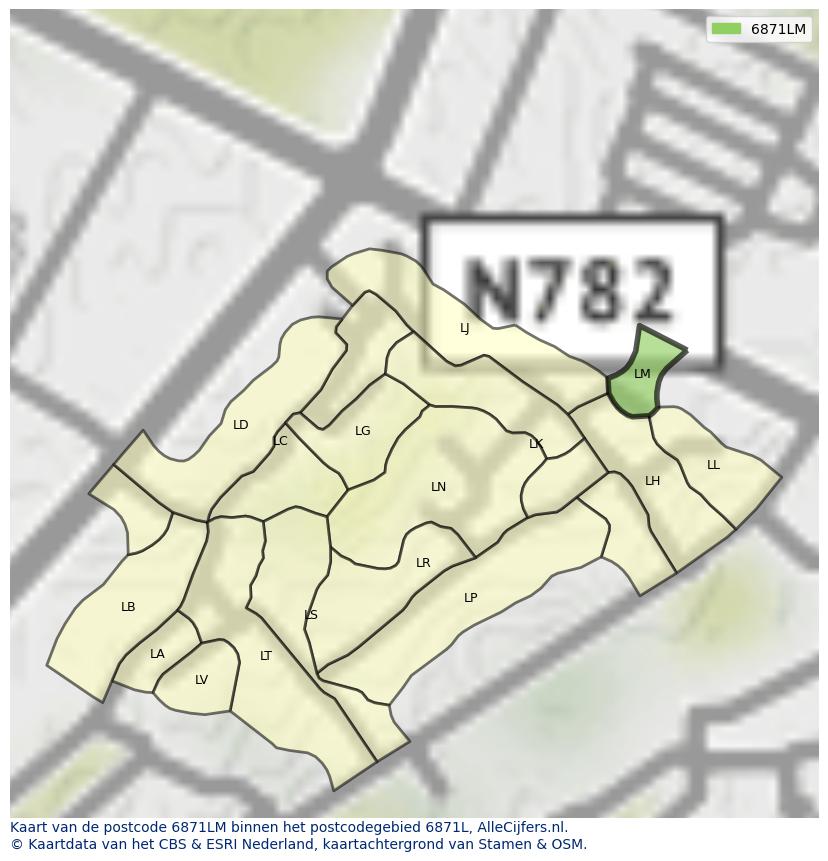 Afbeelding van het postcodegebied 6871 LM op de kaart.