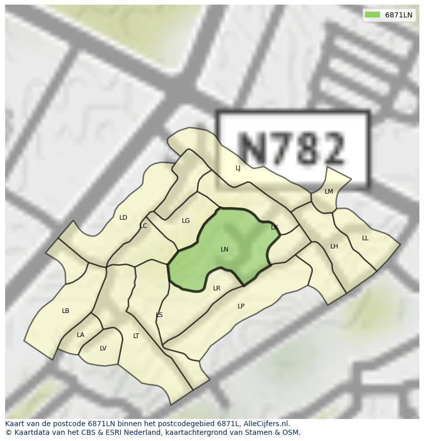 Afbeelding van het postcodegebied 6871 LN op de kaart.