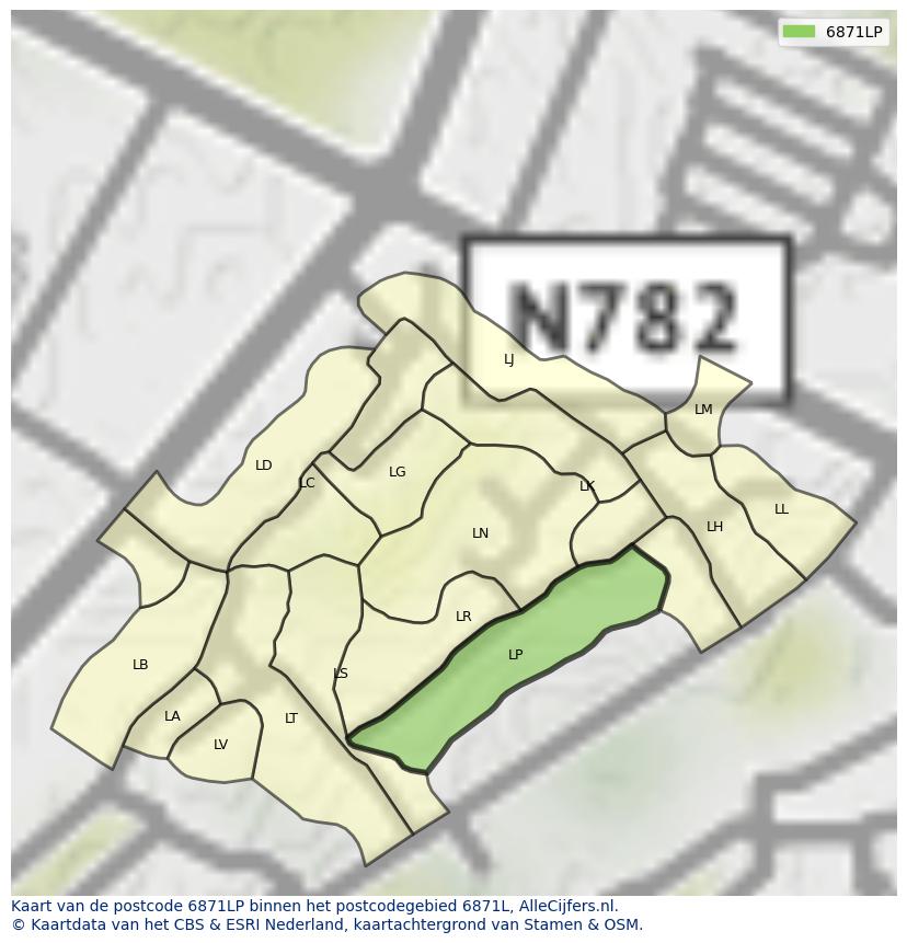 Afbeelding van het postcodegebied 6871 LP op de kaart.