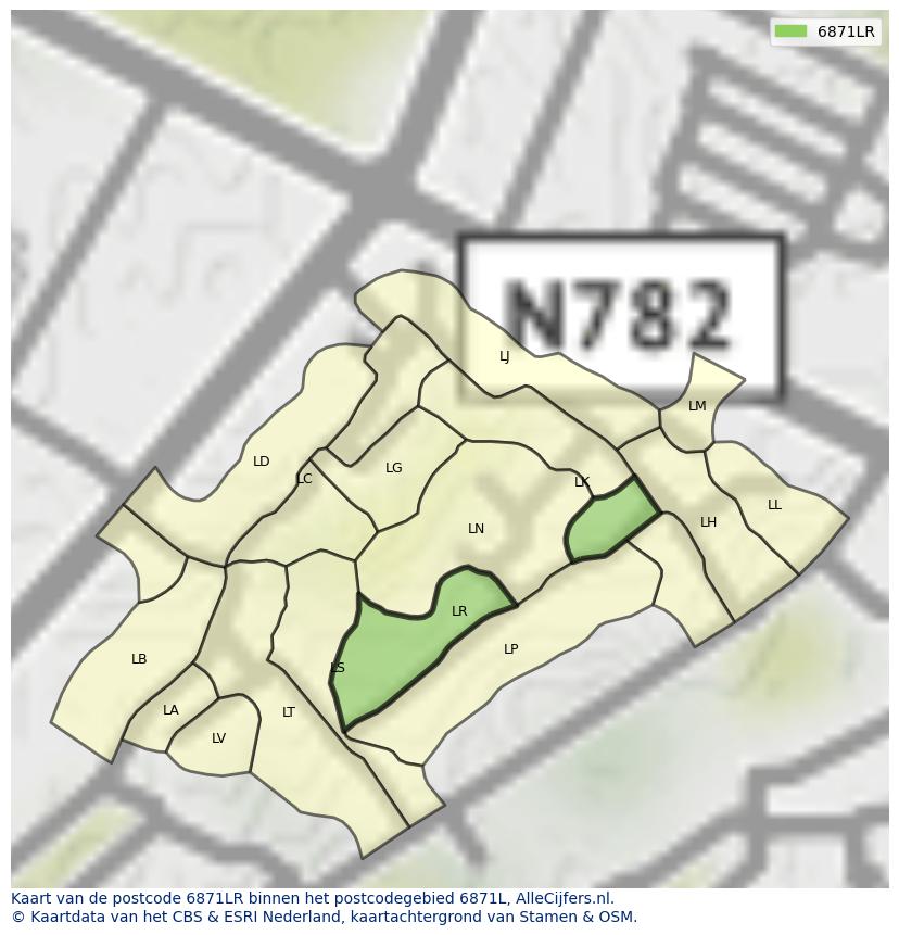 Afbeelding van het postcodegebied 6871 LR op de kaart.