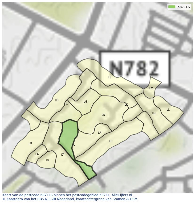 Afbeelding van het postcodegebied 6871 LS op de kaart.