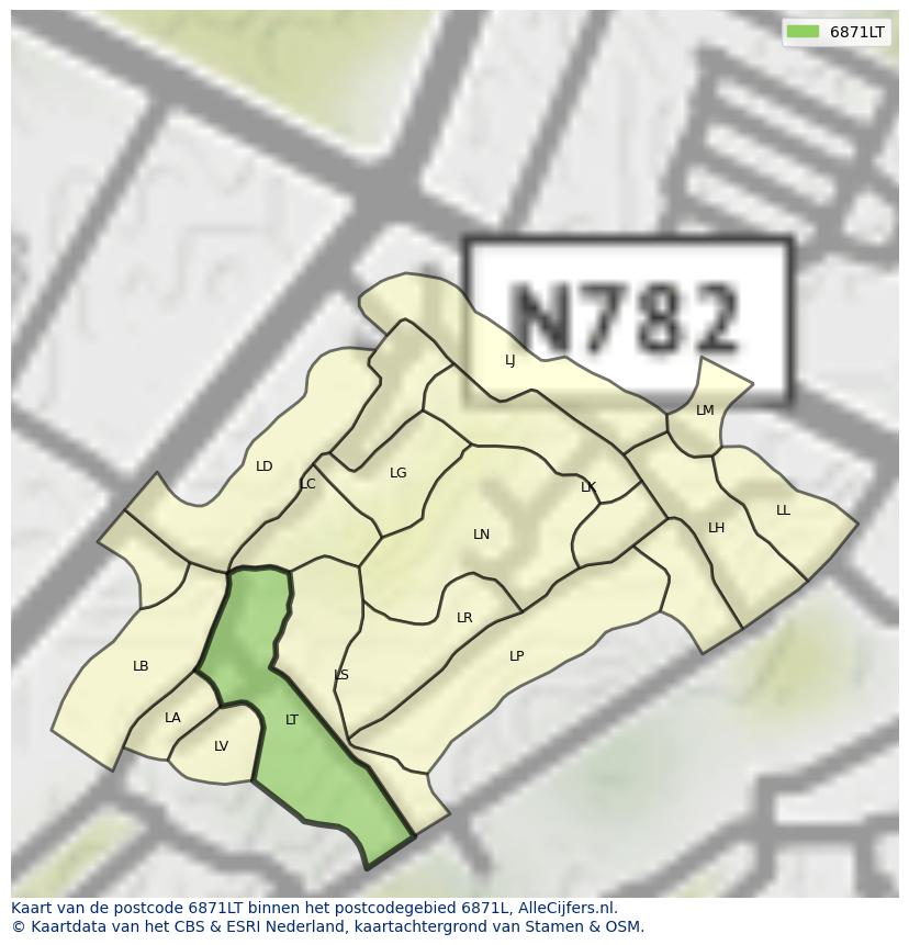 Afbeelding van het postcodegebied 6871 LT op de kaart.