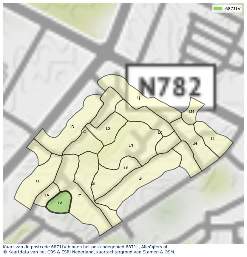 Afbeelding van het postcodegebied 6871 LV op de kaart.