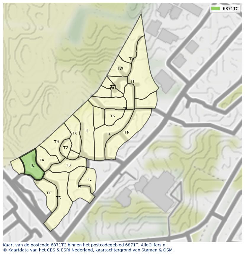 Afbeelding van het postcodegebied 6871 TC op de kaart.