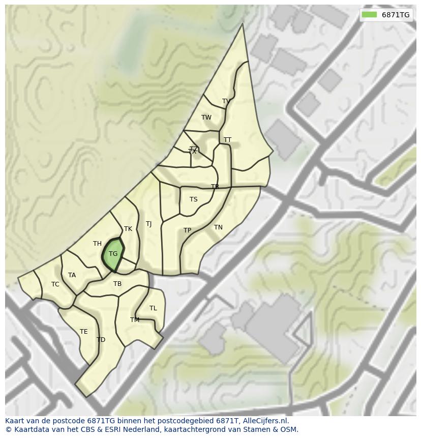 Afbeelding van het postcodegebied 6871 TG op de kaart.