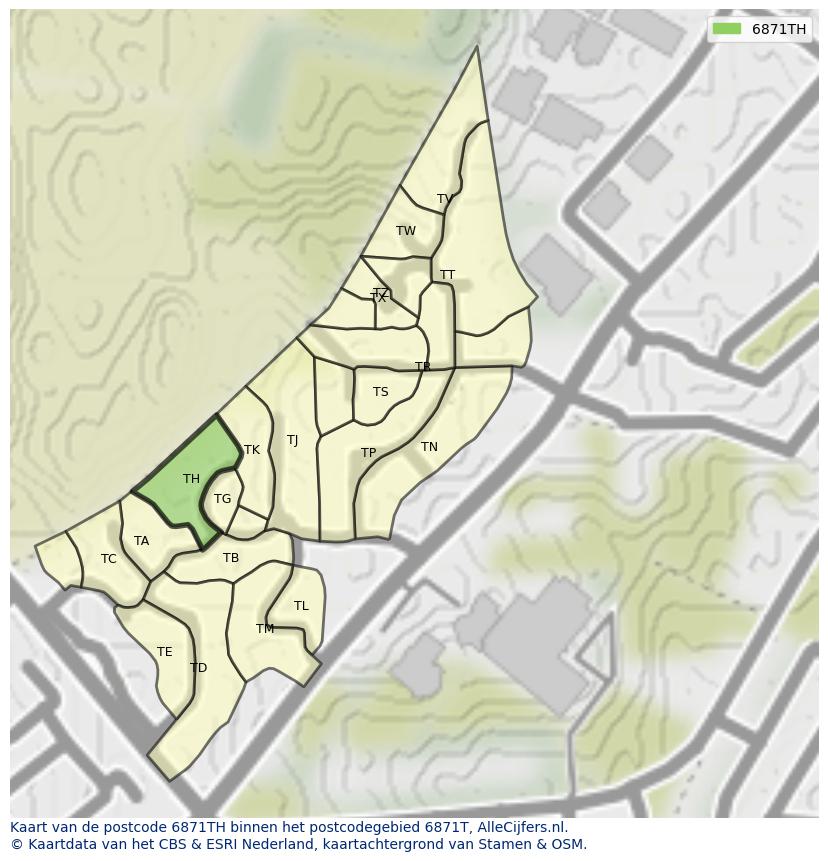Afbeelding van het postcodegebied 6871 TH op de kaart.