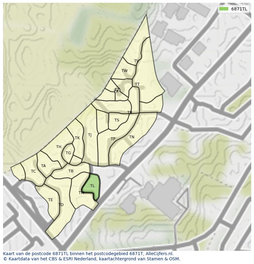 Afbeelding van het postcodegebied 6871 TL op de kaart.