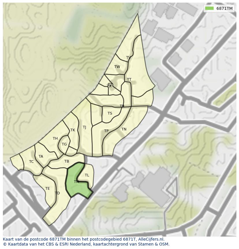 Afbeelding van het postcodegebied 6871 TM op de kaart.