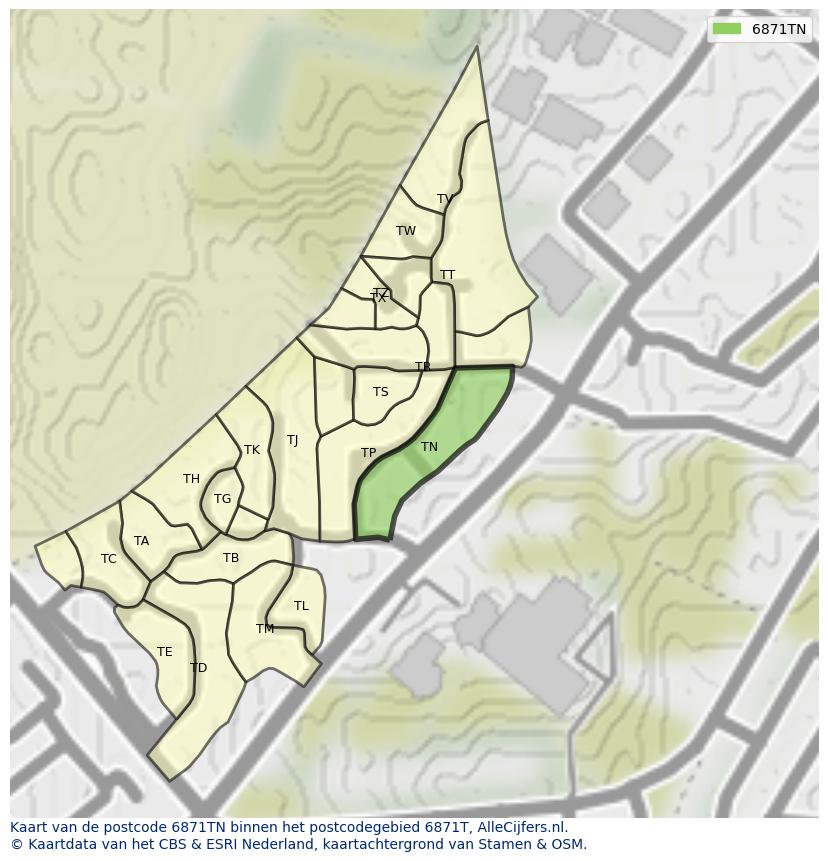 Afbeelding van het postcodegebied 6871 TN op de kaart.