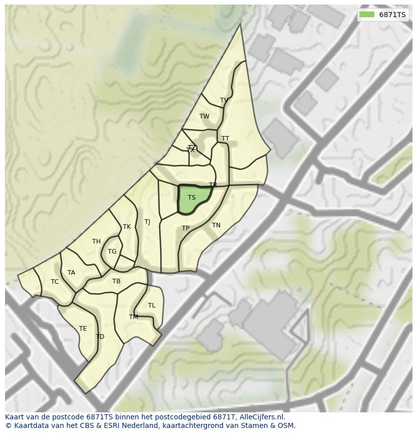 Afbeelding van het postcodegebied 6871 TS op de kaart.