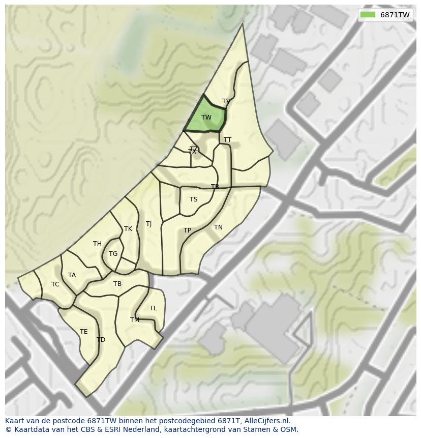 Afbeelding van het postcodegebied 6871 TW op de kaart.