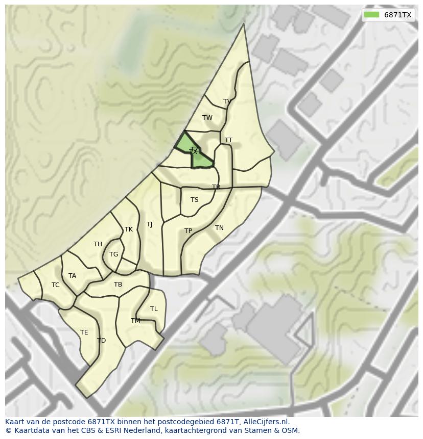 Afbeelding van het postcodegebied 6871 TX op de kaart.