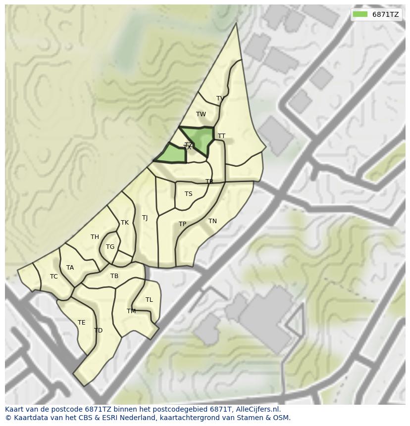 Afbeelding van het postcodegebied 6871 TZ op de kaart.