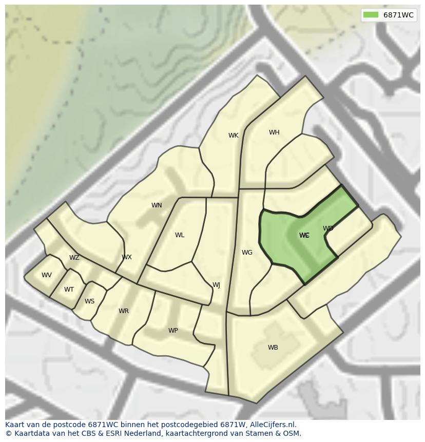 Afbeelding van het postcodegebied 6871 WC op de kaart.