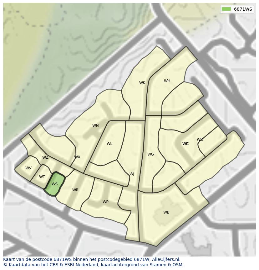 Afbeelding van het postcodegebied 6871 WS op de kaart.