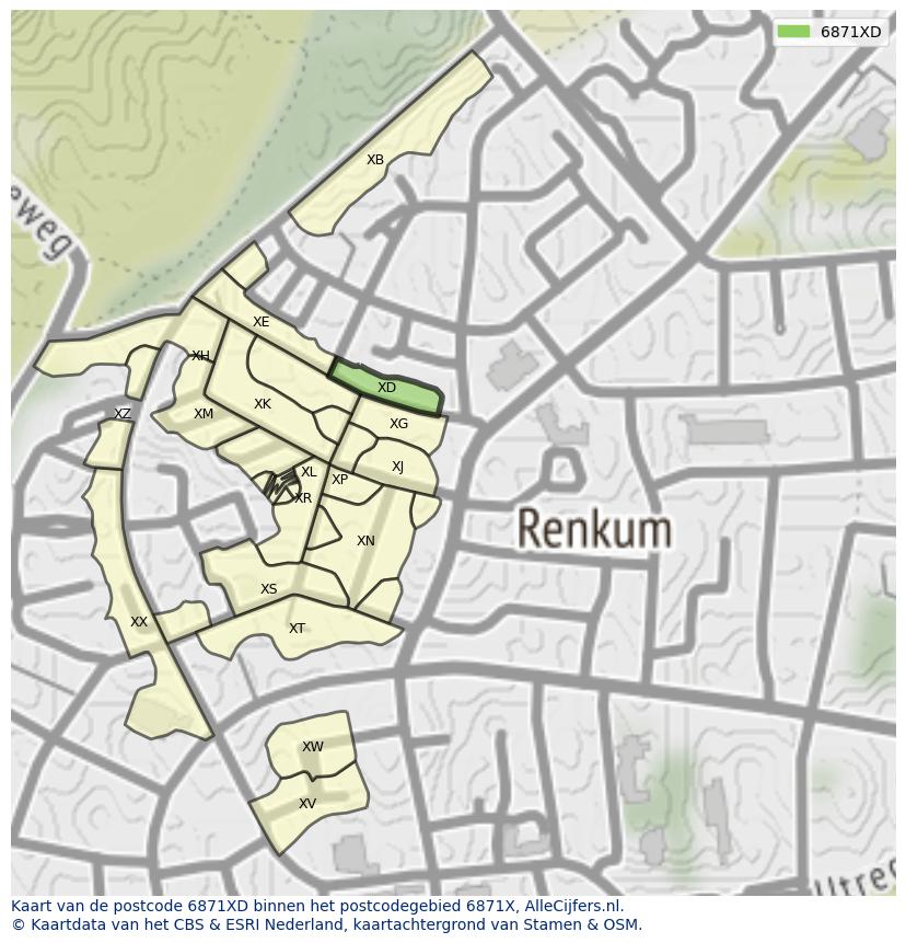 Afbeelding van het postcodegebied 6871 XD op de kaart.