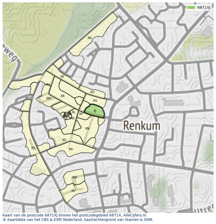 Afbeelding van het postcodegebied 6871 XJ op de kaart.