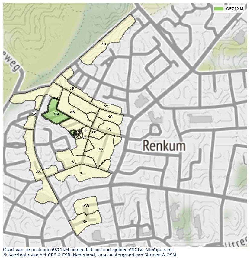 Afbeelding van het postcodegebied 6871 XM op de kaart.