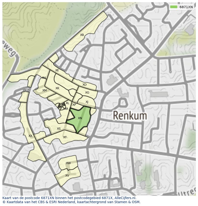 Afbeelding van het postcodegebied 6871 XN op de kaart.