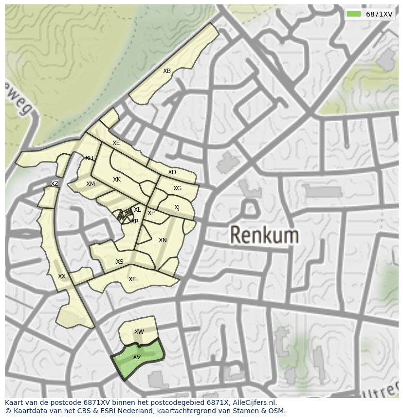 Afbeelding van het postcodegebied 6871 XV op de kaart.