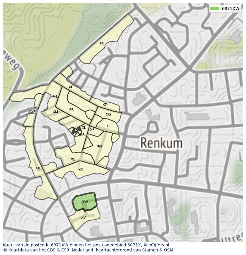 Afbeelding van het postcodegebied 6871 XW op de kaart.
