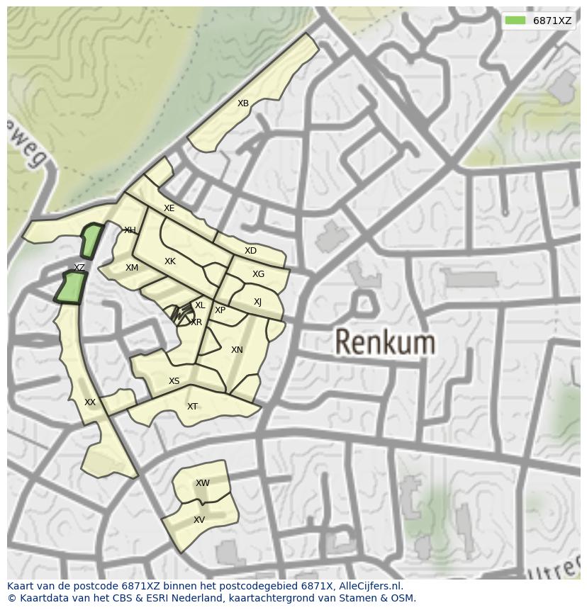 Afbeelding van het postcodegebied 6871 XZ op de kaart.