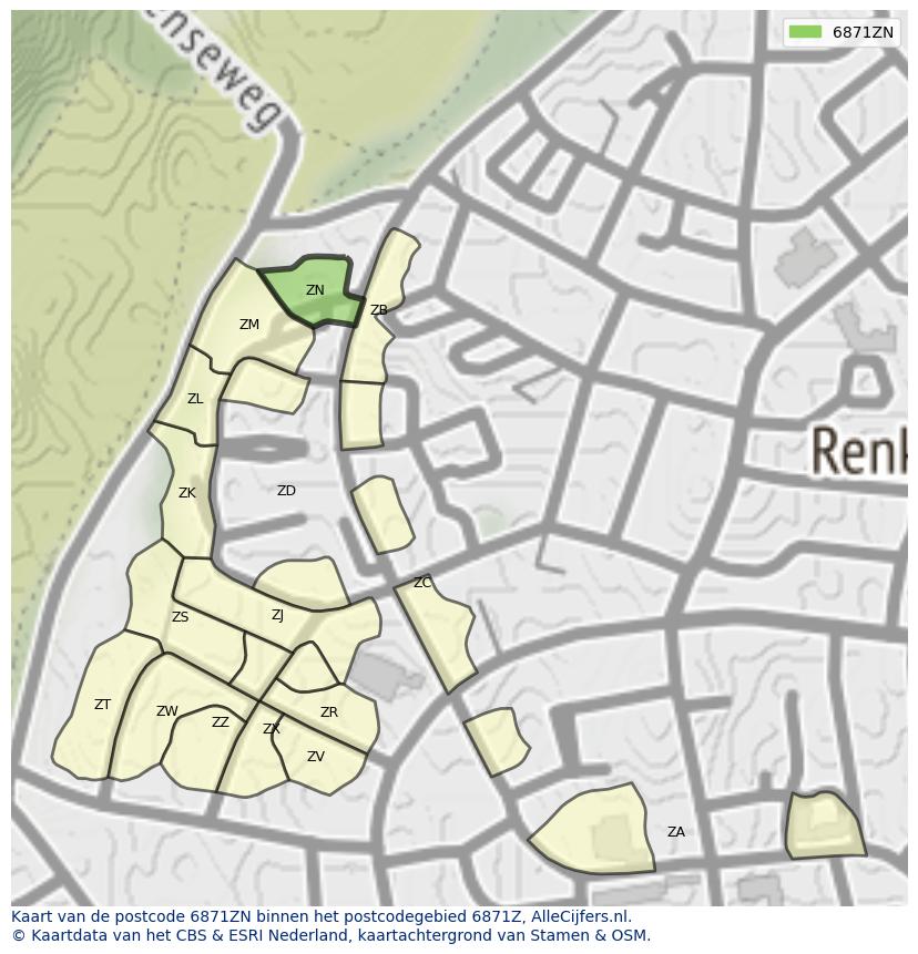 Afbeelding van het postcodegebied 6871 ZN op de kaart.