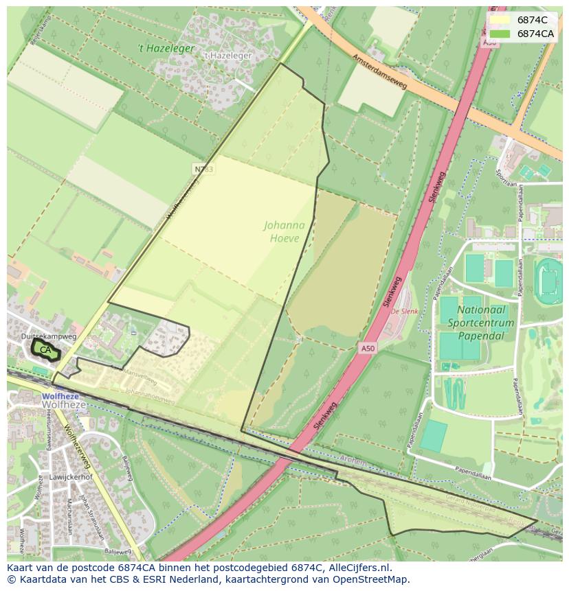 Afbeelding van het postcodegebied 6874 CA op de kaart.