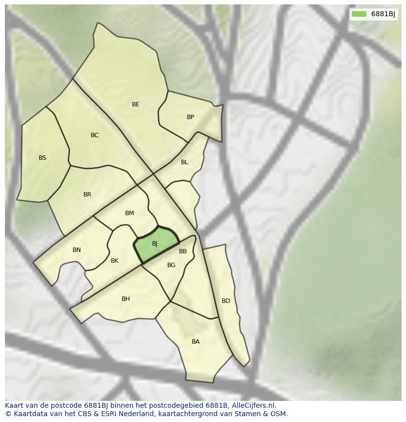 Afbeelding van het postcodegebied 6881 BJ op de kaart.