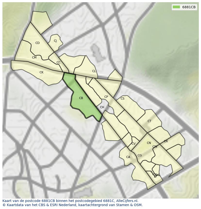 Afbeelding van het postcodegebied 6881 CB op de kaart.