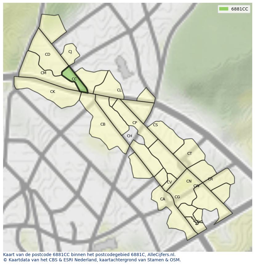 Afbeelding van het postcodegebied 6881 CC op de kaart.