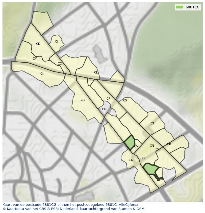 Afbeelding van het postcodegebied 6881 CG op de kaart.