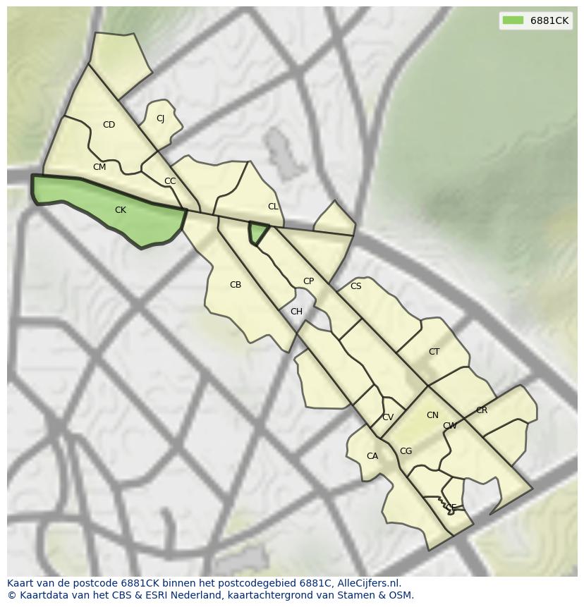 Afbeelding van het postcodegebied 6881 CK op de kaart.