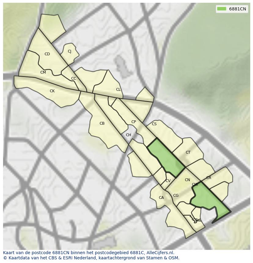 Afbeelding van het postcodegebied 6881 CN op de kaart.