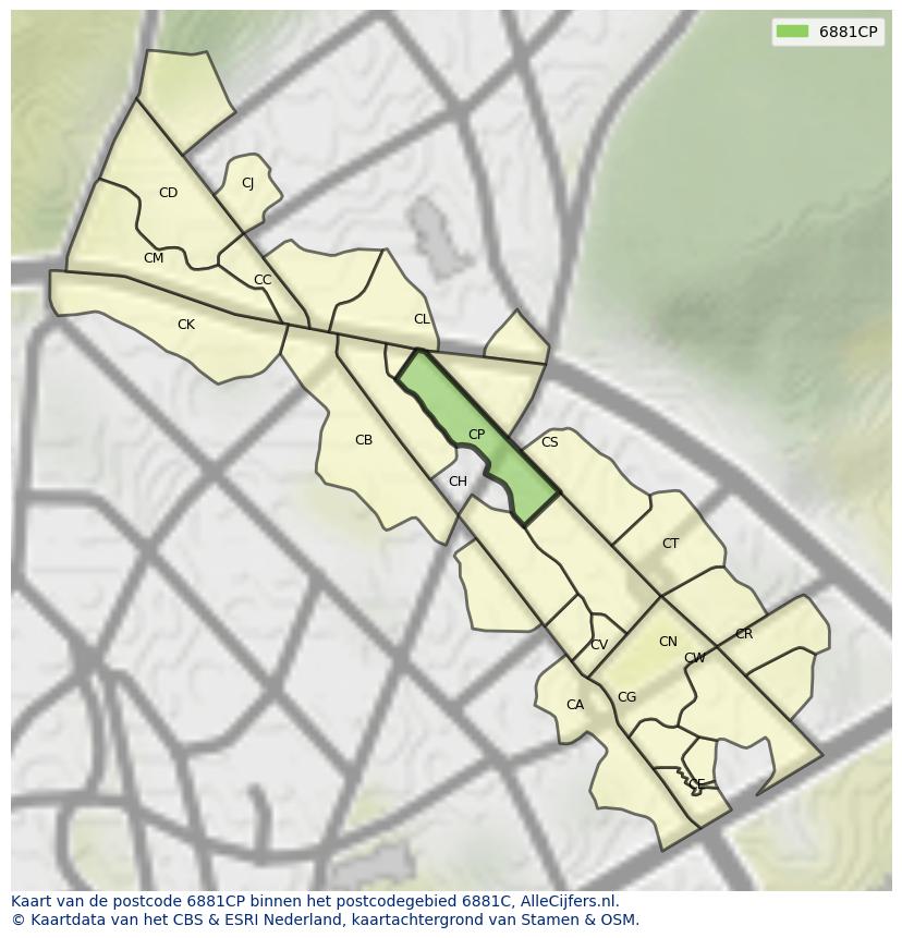 Afbeelding van het postcodegebied 6881 CP op de kaart.