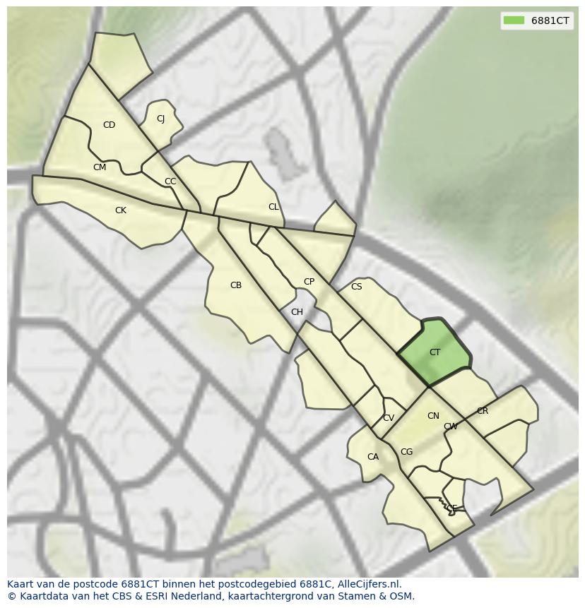 Afbeelding van het postcodegebied 6881 CT op de kaart.